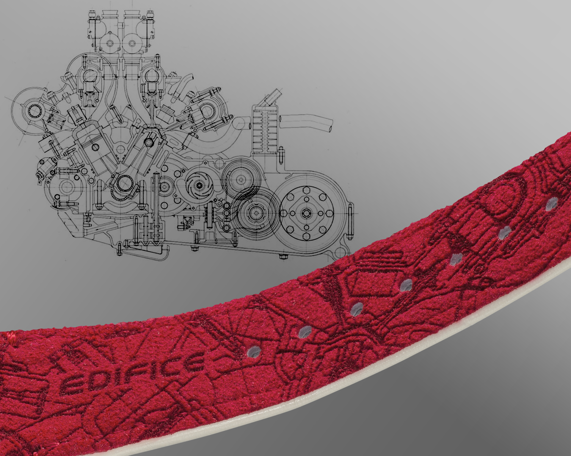 Image of the band and engine drawings of the ECB-2300HR-1A with engine drawings