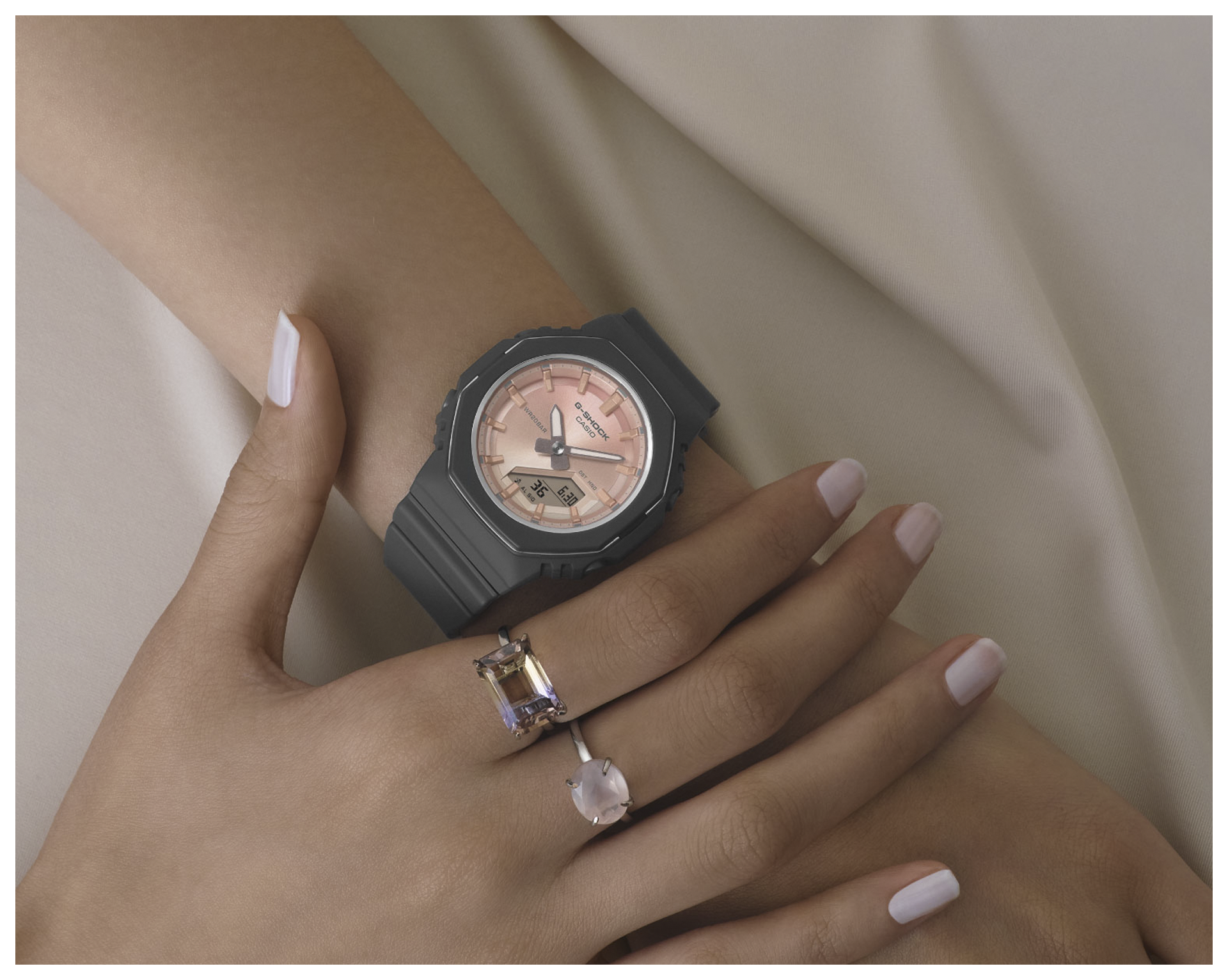 Close-up image of a woman wearing GMA-P2110SC-4A.