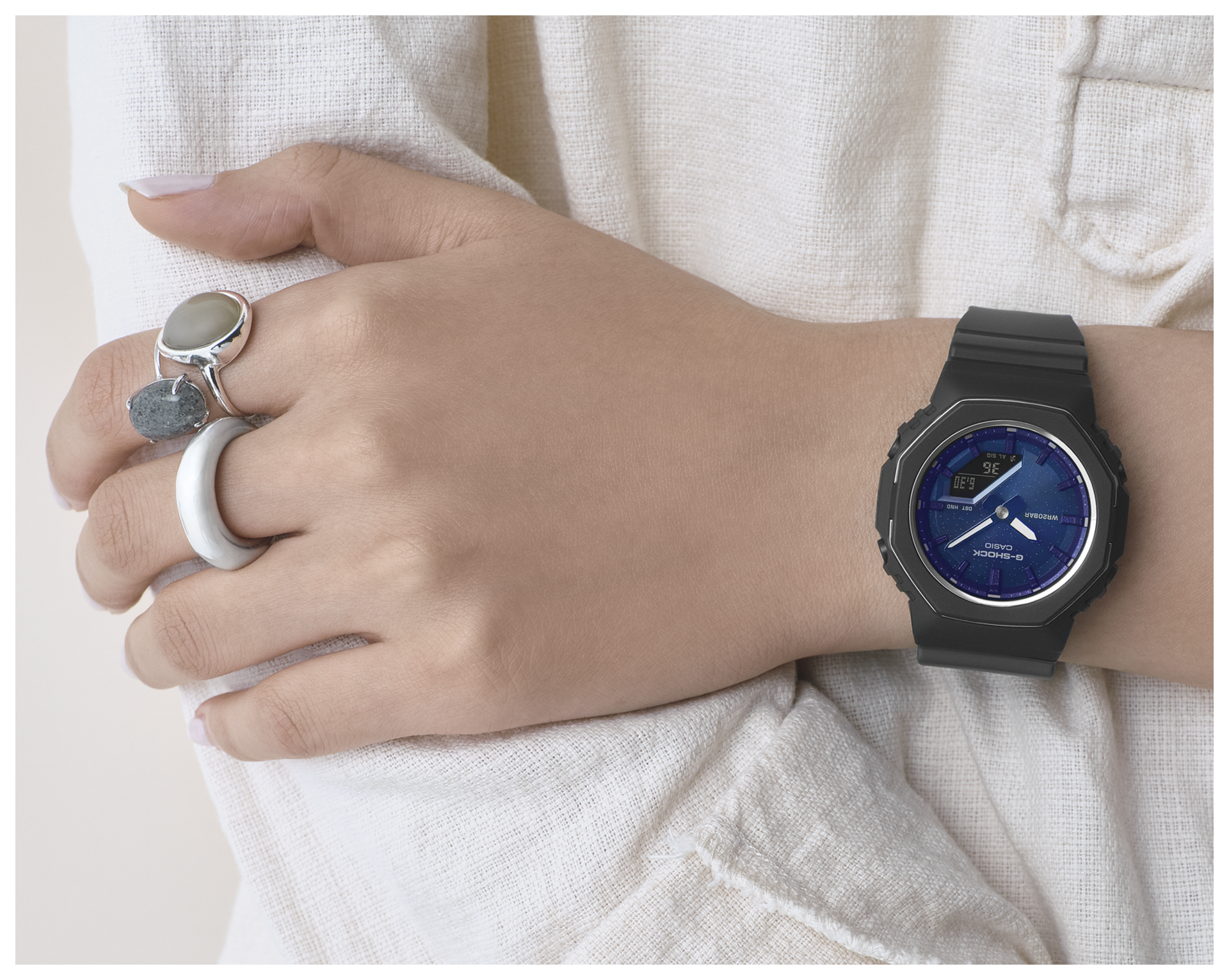 Close-up image of a woman wearing GMA-P2110SC-2A.